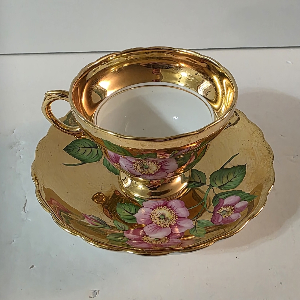 Rosina Bone China 24k Gold Wild Rose Cup And Saucer